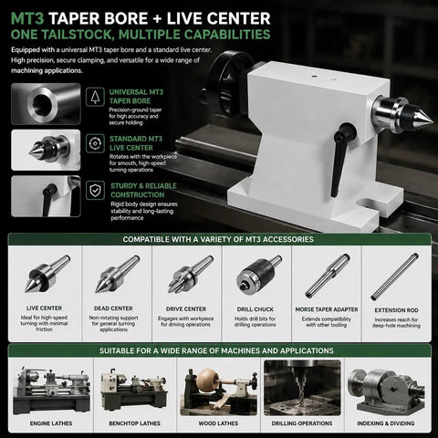 Heavy Duty Cast Iron Lathe Tailstock MT3 Morse Taper with live center and 40mm travel for CNC machining.