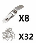 Eight Pack Stainless Steel 90 Degree Spring Toggle Latches With Clasp Buckle Lock Mounting Screws Included For Boxes Cabinets Doors Barn Wood Cases And Toolboxes Built Tough Ready To Snap Shut, shown with 8 latches and 32 screws