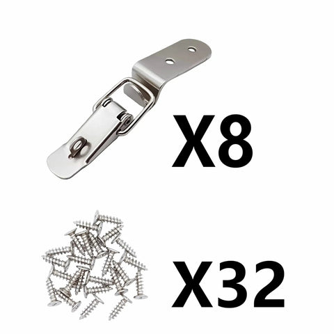 Eight Pack Stainless Steel 90 Degree Spring Toggle Latches With Clasp Buckle Lock Mounting Screws Included For Boxes Cabinets Doors Barn Wood Cases And Toolboxes Built Tough Ready To Snap Shut, shown with 8 latches and 32 screws