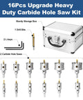 16Pcs Upgrade Heavy Duty Tungsten Carbide Hole Saw Kit With Stainless Steel Shank in storage box with 12 saws and drill bits.
