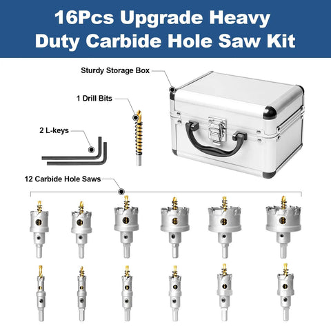 16Pcs Upgrade Heavy Duty Tungsten Carbide Hole Saw Kit With Stainless Steel Shank in storage box with 12 saws and drill bits.