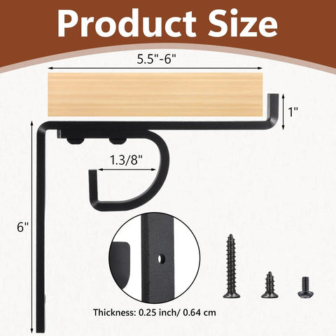 Two Pack Heavy Duty Shelf Brackets With Curtain Rod Holder 6 x 6 Inch Black Iron Wall Mount Supports image showing dimensions and screws