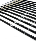 30 Inch Carbon Arrows For Compound Recurve Bow Hunting And Target Practice, 0.309 Inch Diameter, fletched with two black and one white vanes shown in a row