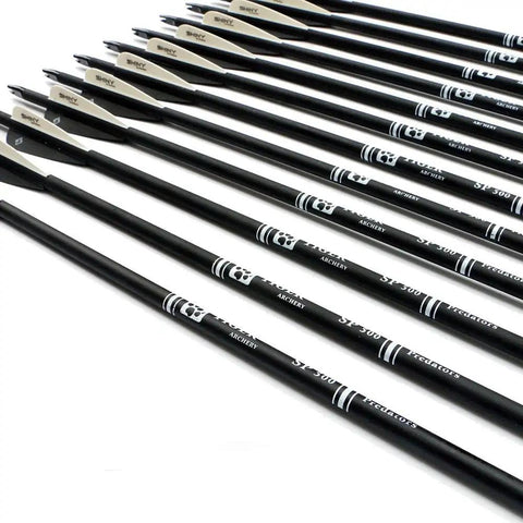 30 Inch Carbon Arrows For Compound Recurve Bow Hunting And Target Practice, 0.309 Inch Diameter, fletched with two black and one white vanes shown in a row