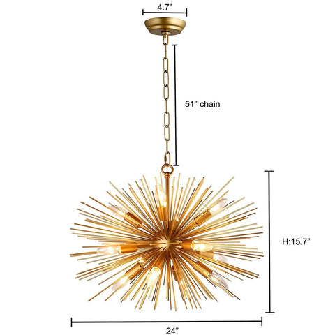 Brass Plated Sputnik Satellite Starburst Chandelier 12 Light 24 Inch Wide Modern Pendant Lighting With 51 Inch Adjustable Chain Requires 12 E12 Bulbs Not Included Minimal Assembly And Professional Install Recommended, dimensions illustration