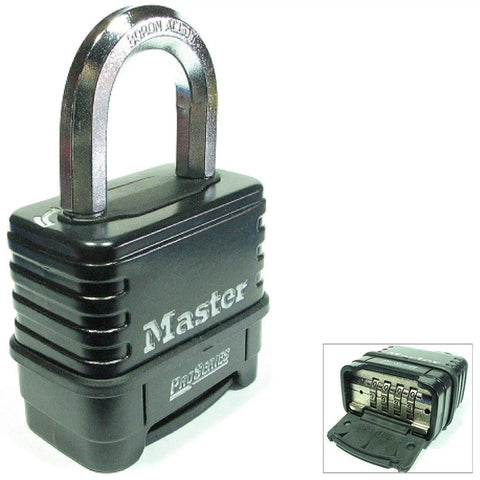 1178D 4 Digit Resettable Combination Padlock Die Cast Body 8 Pack Keyed Different, black silver security lock with open cover