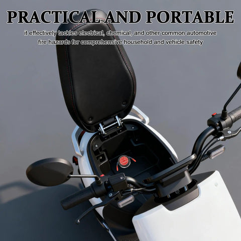 Automatic Aerosol Fire Extinguisher 10g With Back Adhesive Mount installed in a scooter seat compartment, enhancing safety for vehicles.