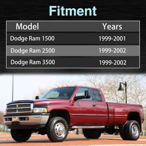 Red Dodge Ram 2500 truck parked outdoors, fitment chart showing compatibility for Ram 1500 1999-2001, Ram 2500 1999-2002, Ram 3500 1999-2002.