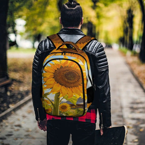 Person wearing Country Sunflower Landscape Unisex Backpack With Large Capacity For Travel And Everyday Use on urban path