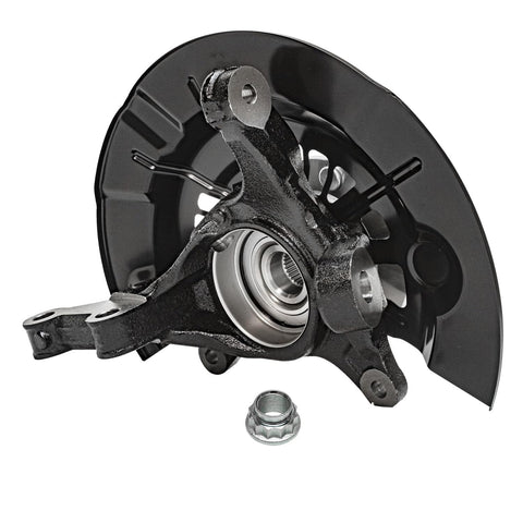 Front Two Piece Steering Knuckles With Wheel Bearing Hub Assembly For Toyota Camry 2012 2017 And Avalon 2013 2016 Replacement Drop In Ready Direct Fit OEM Style Durable Steel Upgrade For Front Suspension And Steering System, showing a close-up view of the steering knuckle and hub assembly.