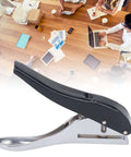 8mm Hole Paper Punch One Hole Puncher Handheld for office shown with ergonomic handle and strong spring design, suitable for up to 25 sheets, against a background of office workers and laptops.