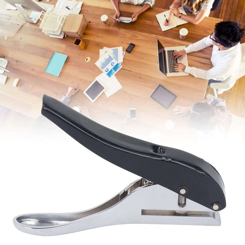 8mm Hole Paper Punch One Hole Puncher Handheld for office shown with ergonomic handle and strong spring design, suitable for up to 25 sheets, against a background of office workers and laptops.
