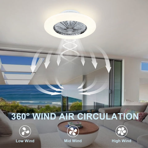 Modern LED Ceiling Fan With Lights 20 Inch Flush Mount Dimmable Remote Low Profile Seven Invisible Blades in living room