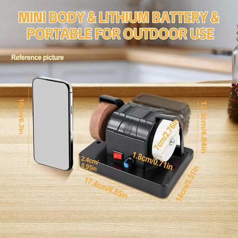 Grab And Go Cordless Mini Bench Grinder With Variable Speed Control Up To Seven Thousand RPM Dual Grinding Wheels Chew Through Metal Or Wood Like Butter Compact Job Site Essential on a wooden surface next to a smartphone for scale.