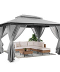 10x13 Outdoor Gazebo With Double Roofs Mosquito Netting And Privacy Screens Heavy Duty Metal Frame Gray with seating area