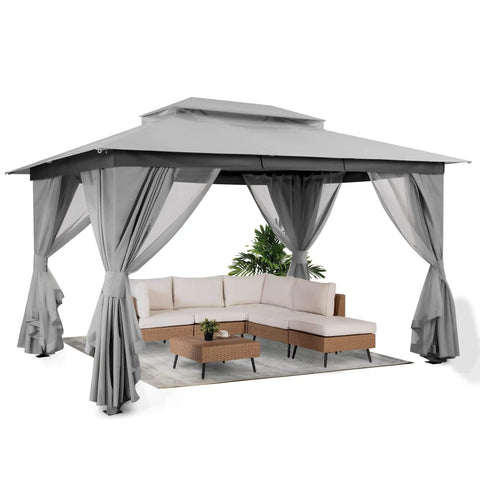 10x13 Outdoor Gazebo With Double Roofs Mosquito Netting And Privacy Screens Heavy Duty Metal Frame Gray with seating area