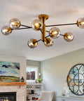 8 Light Sputnik Ceiling Light Fixture Semi Flush Mount With Glass Globe In Black And Gold Mid Century Modern Chandelier