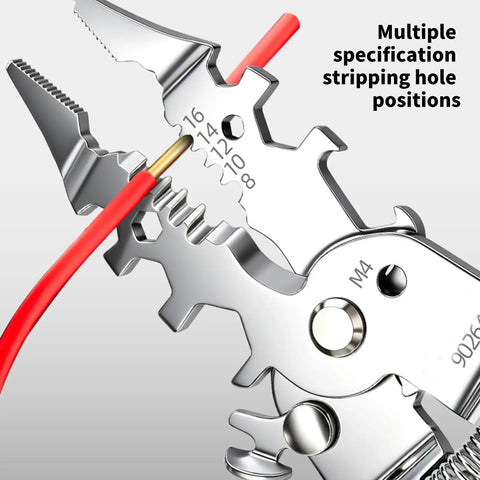 Close-up of Multifunction Wire Stripping Pliers with stripping holes and red wire