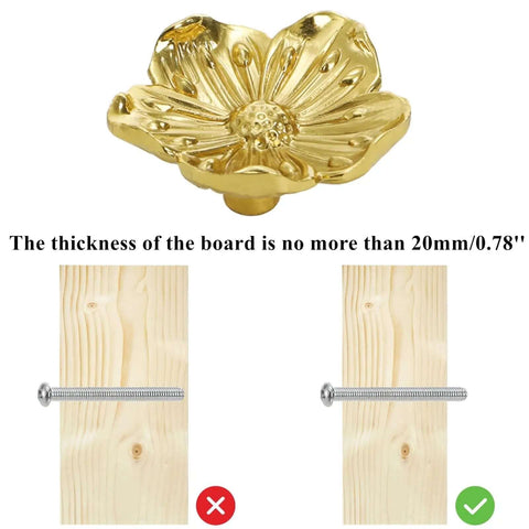 Vintage gold flower cabinet knob showing floral design, measures 1.5 inches, used for kitchen or bedroom cabinetry.