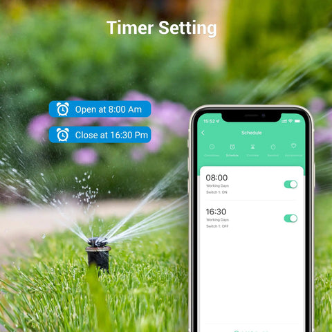 Image showing WiFi Smart Yard Stake Plug With Six Outlets, Waterproof Power Timer with smartphone app interface for scheduling.