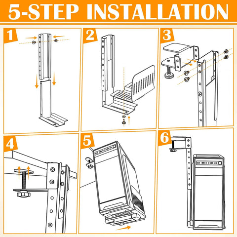 5-step installation guide for Big Time Space Saver Heavy Duty Clamp Under Computer Tower Stand to adjust CPU cases.