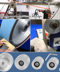 Belt Grinder 2x72 Wheel Set For Knife Grinder with CNC-machined aluminum wheels, visible in use on metal and wood.