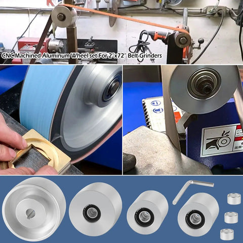 Belt Grinder 2x72 Wheel Set For Knife Grinder with CNC-machined aluminum wheels, visible in use on metal and wood.