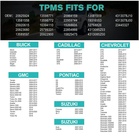 Pre Programmed TPMS Sensor For Chevy Aveo And Camaro No Programming Required Durable OE Quality Tire Pressure Monitoring System Plug And Play Install Long Lasting Sensors For Reliable Tire Readouts. OEM fitment chart for GM vehicles