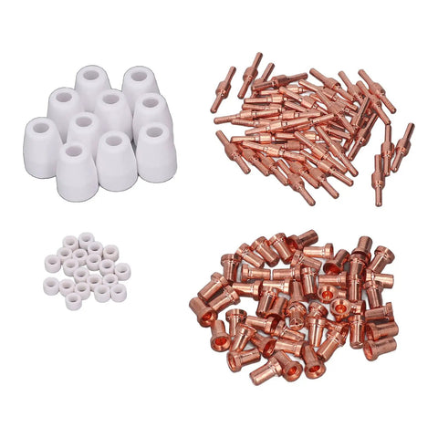 Check Out This Sick 110 Piece Plasma Cutter Consumable Kit With Ceramic Cups Electrodes And Nozzles Perfect Fit For Cut40 50 Torches. White ceramic cups and copper electrodes.