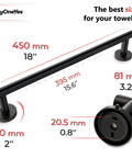 Diagram of Matte Black Towel Bar 18 Inch Heavy Duty Stainless Steel SUS304 Wall Mounted Towel Holder with measurements