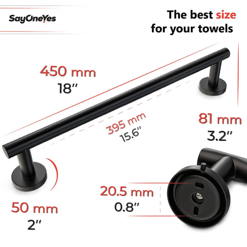 Diagram of Matte Black Towel Bar 18 Inch Heavy Duty Stainless Steel SUS304 Wall Mounted Towel Holder with measurements