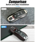 Comparison of Porsche key before and after using Marsala Red Leather Ride Ready Key Fob Cover for premium protection.