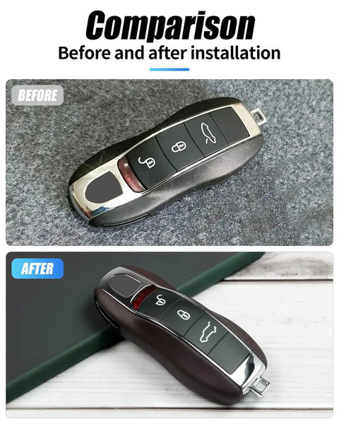 Comparison of Porsche key before and after using Marsala Red Leather Ride Ready Key Fob Cover for premium protection.
