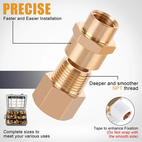 106-piece brass pipe fittings assortment kit with NPT adapters and hex fittings in a case.