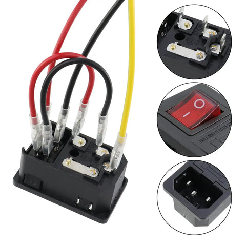 Two Pack AC250V 10A IEC 320 C14 Inlet Panel Socket With Fuse Red Light Indicator Rocker Switch 7 Terminal Power Supply Terminal Crimps Connector With Wires