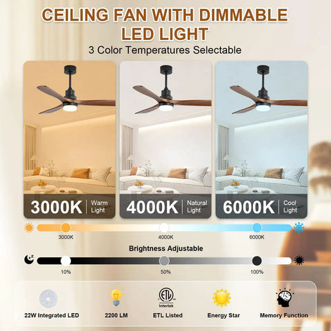 52 Inch Solid Wood Ceiling Fan With Remote And Dimmable Light showing three color temperatures and brightness scale