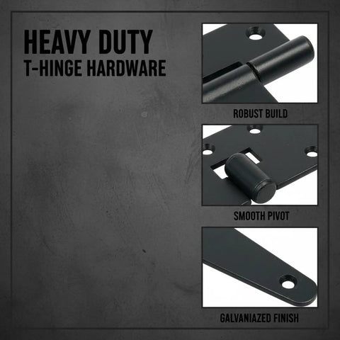 Six Pack Four Inch Galvanized T Hinges Deliver Badass Durability For Heavy Duty Shed Gates And Barn Fence Doors featuring robust build and smooth pivot.