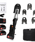 18V Cordless Hydraulic Press Tool With Six Jaws For Plumbing Pipe Fittings, battery, charger, jaws, and case.