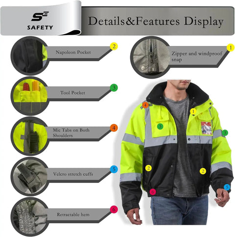 Reflective Hi Vis Bomber Jacket For Men, Waterproof Construction Safety Coat with pockets and detachable hood details display