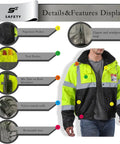 Details of Hi Vis Waterproof Reflective Bomber Jacket For Men With Pockets And Zipper Detachable Hood Black Bottom Contrast Class 3