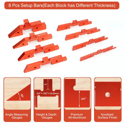 Pro Grade 8 Piece Router Setup Kit With Aluminum Positioning Bars And Angle Blocks For Router Table Precision Height Depth