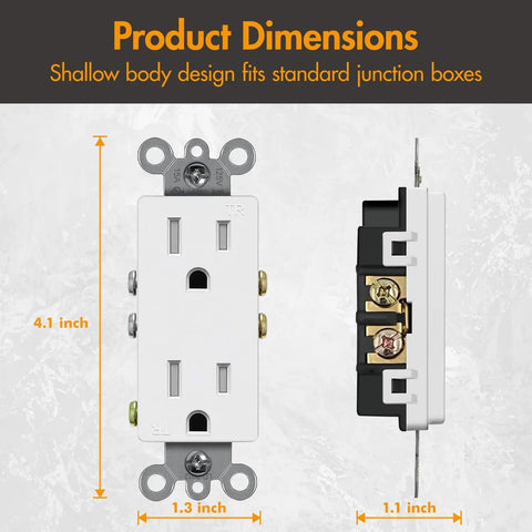 Tamper Resistant Decorator Receptacle Outlet 15 Amp 125 Volt Grounding UL Listed White Wall Socket Pack Of 50 Built Tough High Impact Thermoplastic Face And Back Body For Finger Safe Install