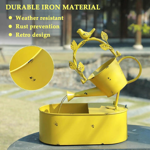 Solar Powered Outdoor Water Fountain With Battery Backup For Garden Bird Bath Yard Decor, Premium Metal Water Feature For Patio And Lawn, No Hassle Run Time Of 6 To 10 Hours At Night On Sunny Days, yellow watering can design