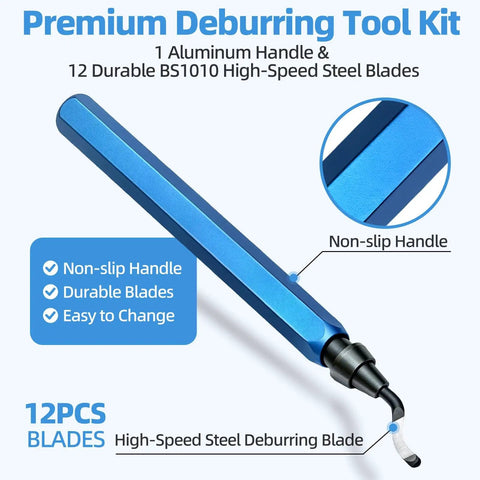 Pro Grade 13-Piece Deburring Tool Kit for 3D Printing with Aluminum Handle, 12 M2 HSS Blades, Easy Grip, Blue Deburring Blade