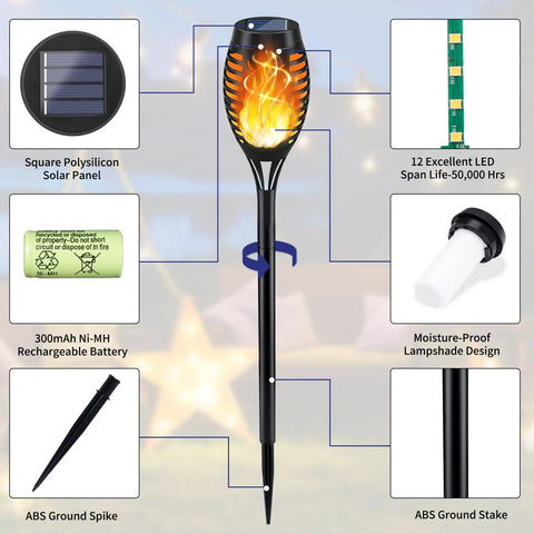 Image showing components of 12 Pack Solar Torch Lights With Realistic Flickering Flame, Outdoor Waterproof Garden Pathway Lights