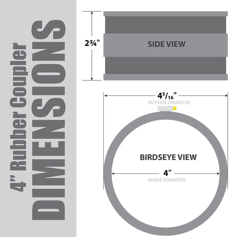 Dimensions diagram of Four Inch To Two And A Half Inch Reducer With Four Inch Rubber Cuff Coupler And Stainless Steel Hose Clamps