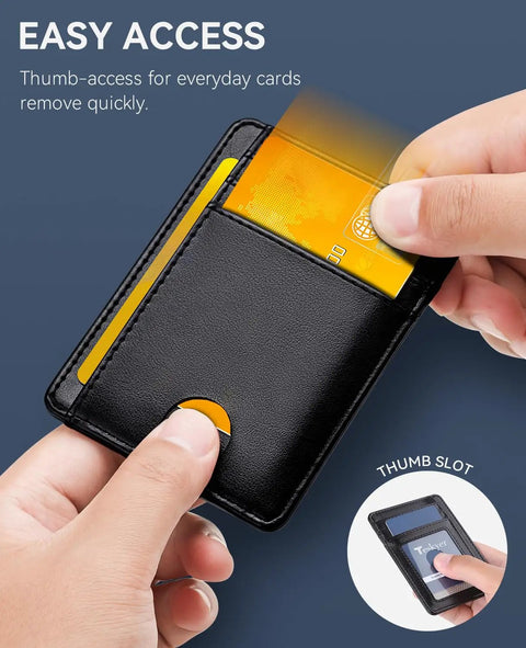 Ultra Slim Front Pocket Wallet With RFID Blocking Leather Card Holder For Men And Women Nine Card Slots Minimalist Design Lightweight Black Everyday Carry with easy access thumb slot