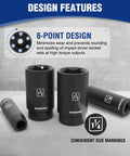 Half Inch Drive Deep Impact Socket Set with 6 Point Cr V Steel Sockets showing 1-1/8, 7/8, and 1-1/4 inch sizes with 6-point design.