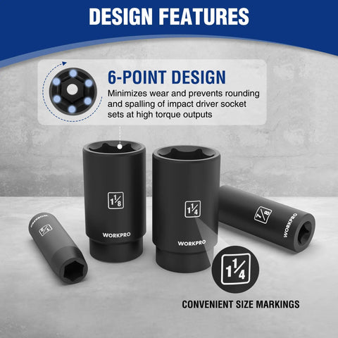 Half Inch Drive Deep Impact Socket Set with 6 Point Cr V Steel Sockets showing 1-1/8, 7/8, and 1-1/4 inch sizes with 6-point design.