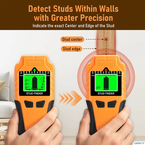 LSENLTY Stud Finder Wall Scanner displays stud center and edge indicator on the screen, highlighting its precision.